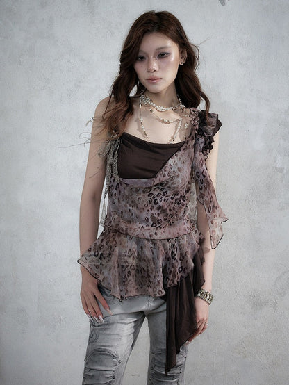 Brown Leopard Cowl-Neck Asymmetric Faux Two-Piece Dress - NO ROMANCE