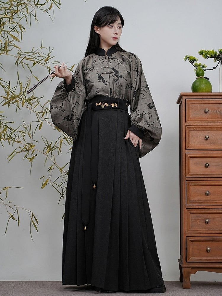 Banded Unisex with Blouse Sleeves Bamboo Pipa Grey Print Style Chinese Collar -