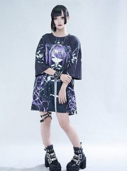 Oversized Anime Girl Print Tee - Tribuo Flos