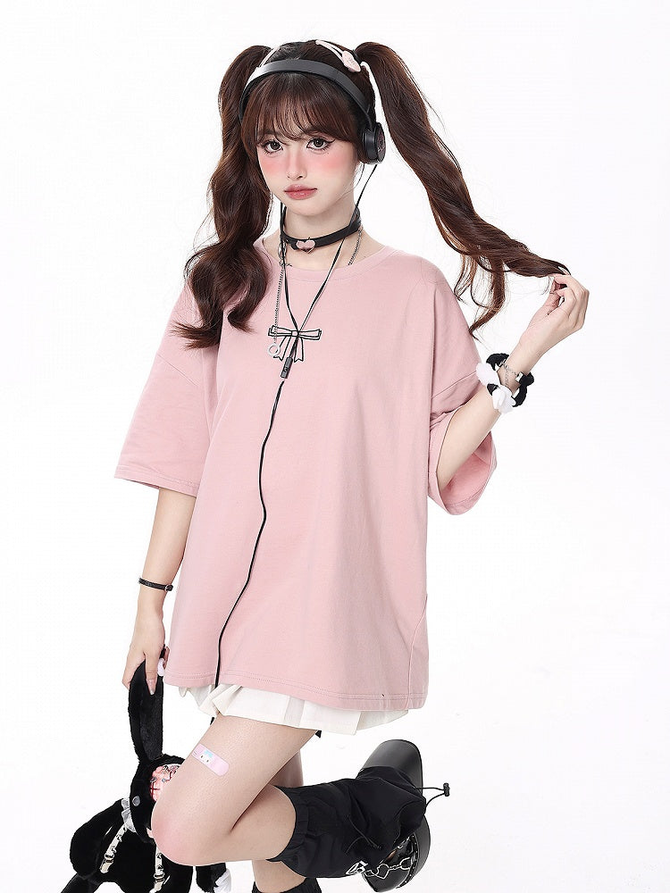 with Print Details T-shirt Bow Lacing Ribbons Pink Back Multi-Color