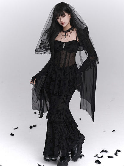 Gothic Black Mermaid Slip Dress with Polka Dot Sheer Top and Floral Embroidery Tiered Skirt - Lady Ghost
