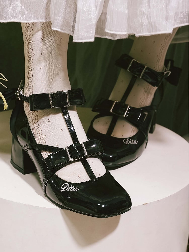 Polished T-strap Accents Shoes Design Bow Middle Heels Toe Square Elegant Black Lolita with