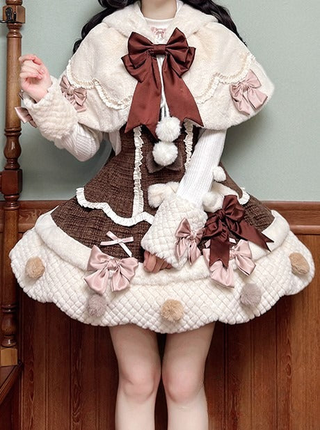 White Bunny Ears Hooded Lolita Cape with Brown Bows Pom-poms - Twin Bear Original Design