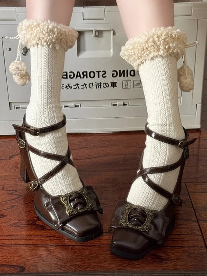 Zehenbild Heels Mitte Crisscross bei Square Frame - Riemen Design Schleife Schnalle Elegantes Top Braun Lolita