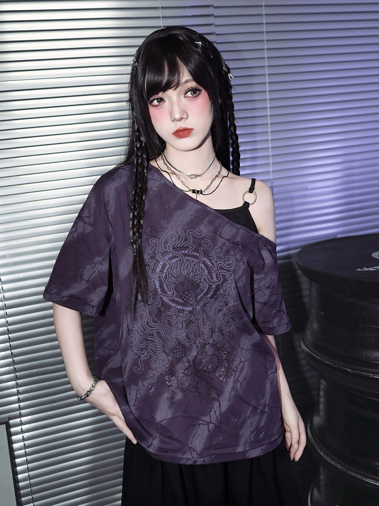 Gothic Purple Faux Two-Piece Off-Shoulder Tee with Sea Lily Print - Quirky Hut