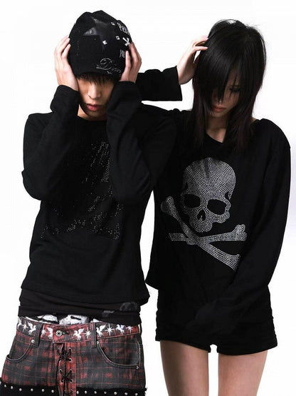 Silver Skull Rhinestone Top with Round Neck and Long Sleeves - DETW OnLine