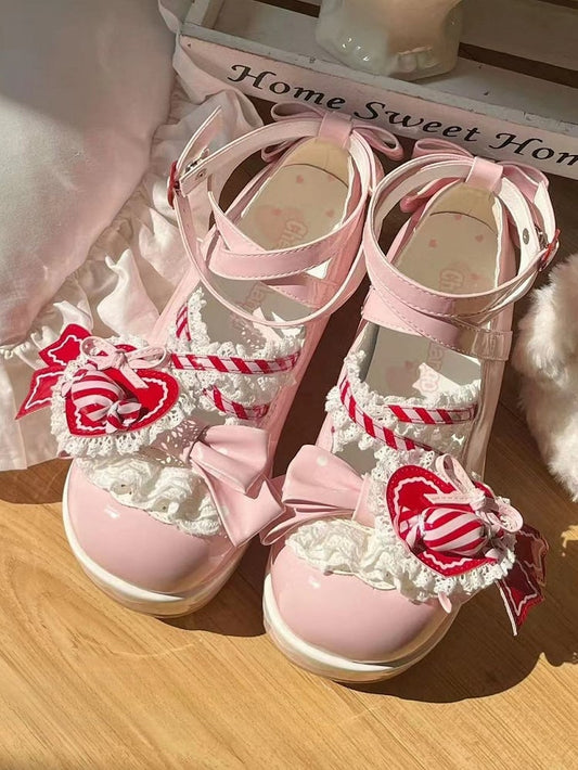 Platform Straps Lolita Top Janes Pink Bow Decor Crisscross Red Mary Sweet with Candy - Multilayer Heart Lace Strawberry Shoe Clip