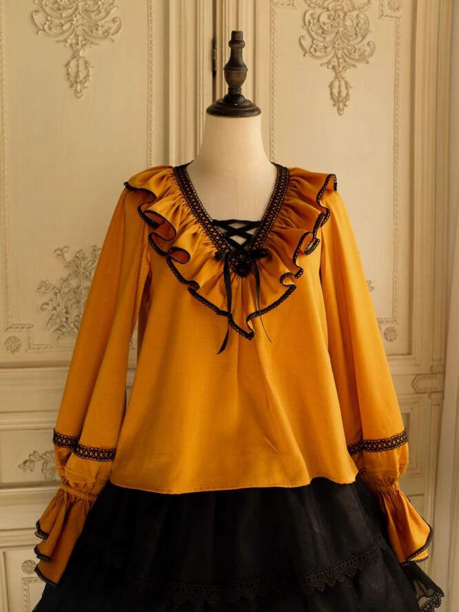 Pumpkin Orange Lace-up Structured Ruffles V-neck Long-Sleeve Blouse
