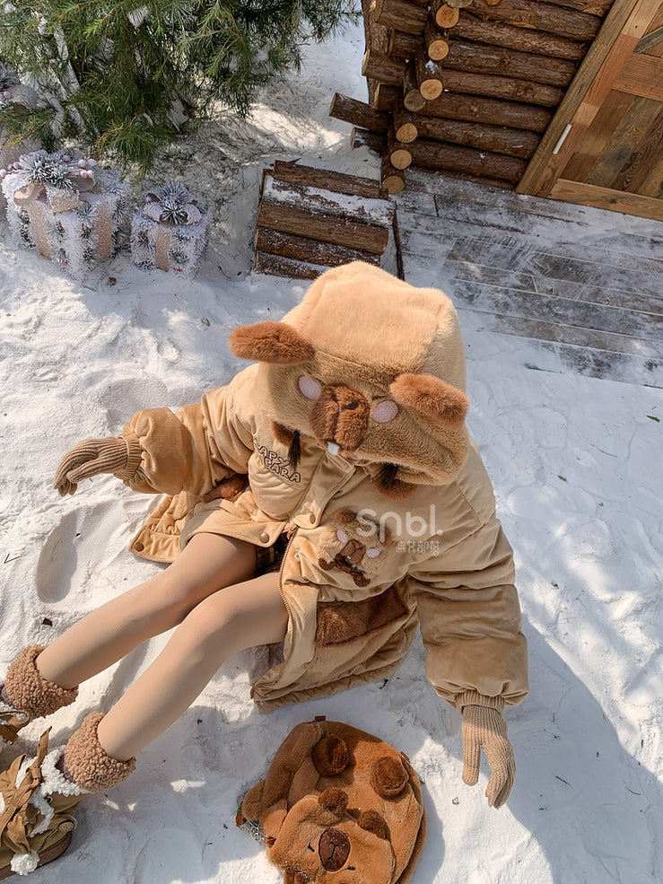 Khaki Cute Capybara Adorned Hooded Down Jacket Detachable Hood