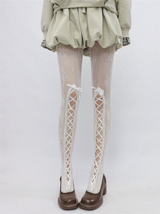 Floral Motif Tights with Lace-Up Accent in Black and White - AY To films