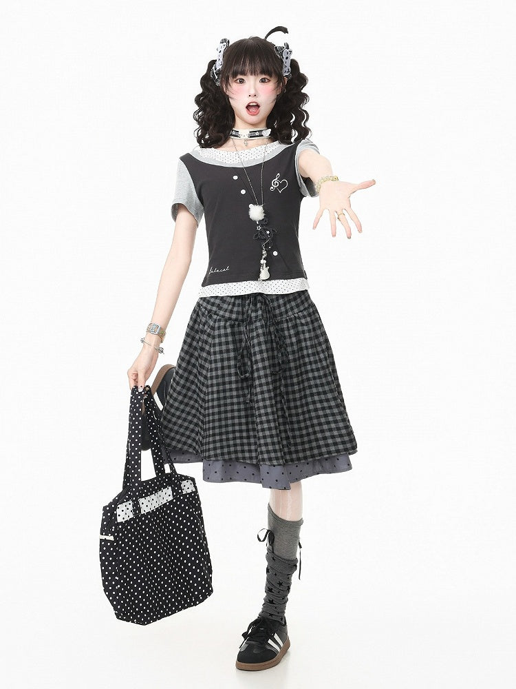 Black Gingham Polka Dot Layered Skirt with Embroidery - Languid Park