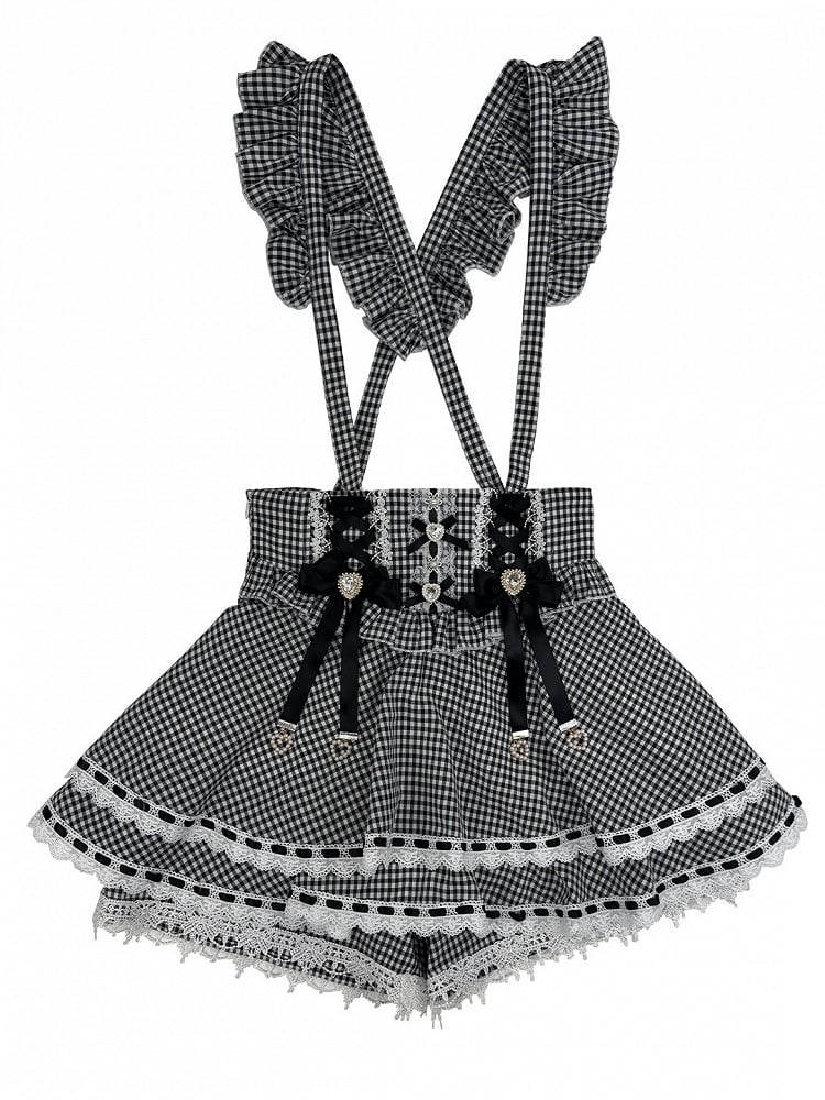 Black White Gingham Jirai Kei Overall Skort with Bow Lace Details - Broken Bear