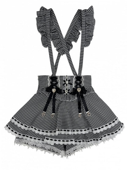 Black White Gingham Jirai Kei Overall Skort with Bow Lace Details - Broken Bear