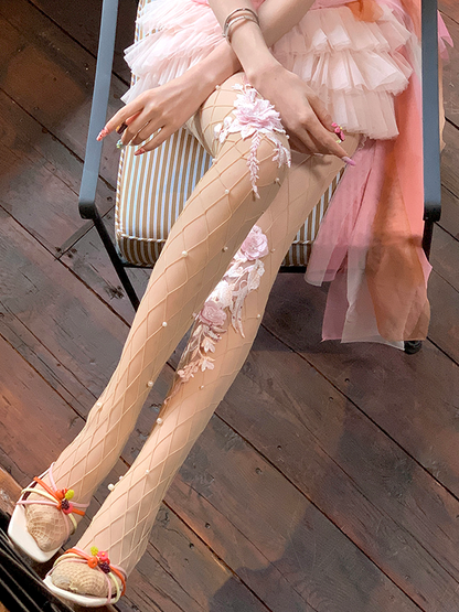 Fishnet Embroidery Floral Tights