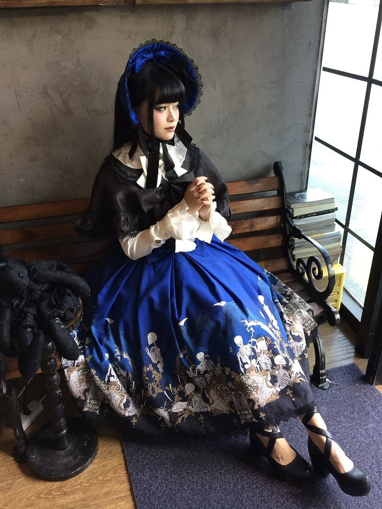 Blue Skeleton Cross Print Under Bust Gothic Lolita Dress with Black Lace Trim - NnSTAR