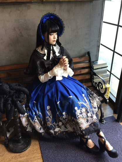 Blue Skeleton Cross Print Under Bust Gothic Lolita Dress with Black Lace Trim - NnSTAR