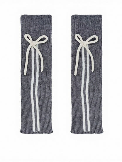 Ribbed Leg Warmers with Stripe and Bow Decor - ModaSwings