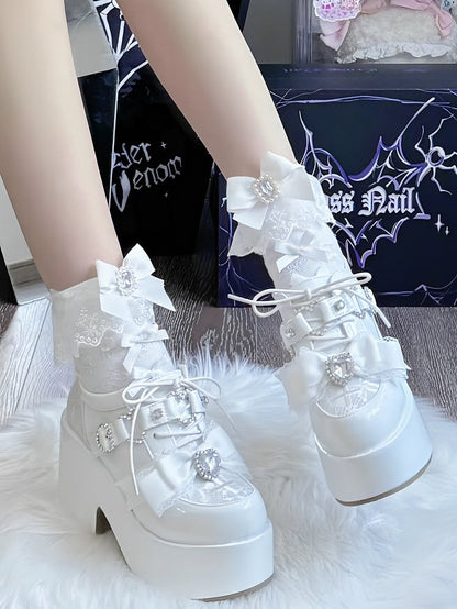 with Heart Bow Cross Mary Embroidery Jirai - Toe Heel Platform Rhinestone Janes Kei White