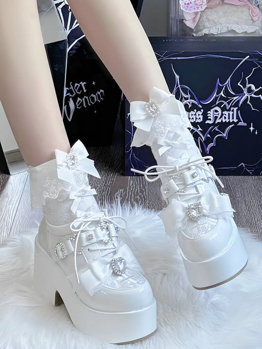 with Heart Bow Cross Mary Embroidery Jirai - Toe Heel Platform Rhinestone Janes Kei White