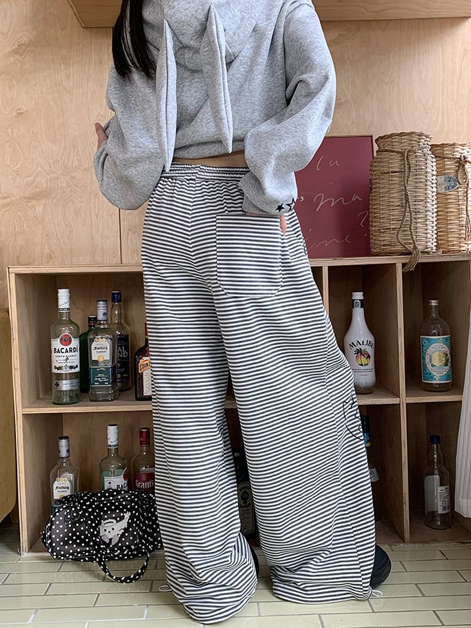 Cat Wide-leg Gray Hem Drawstring Print Star Striped Pants -