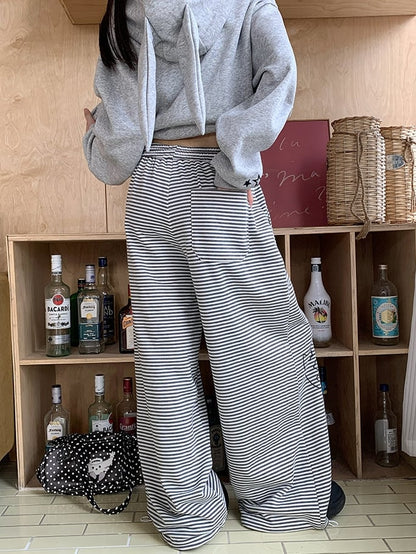 Cat Wide-leg Gray Hem Drawstring Print Star Striped Pants -