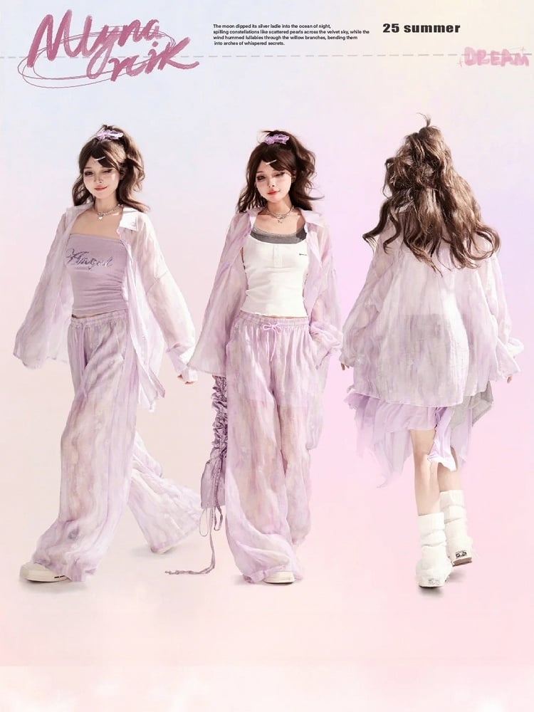 Light Waist Wide-leg Casual Loose Shirt / Pants Purple Drawstring