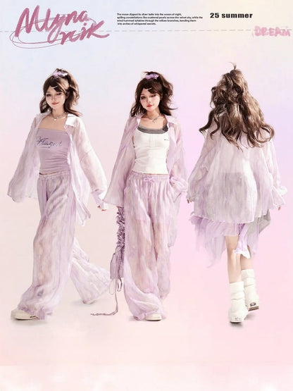 ライトウエスト ワイドレッグ カジュアル ルーズ シャツ/パンツ パープル ドローストリング