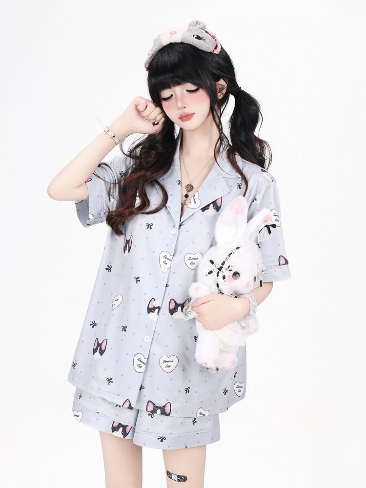 Grey Cute Otaku Kitten Print Short Lounge Wear Two-Piece Set - Short-Sleeve Top + Shorts - CRAZY GIRL