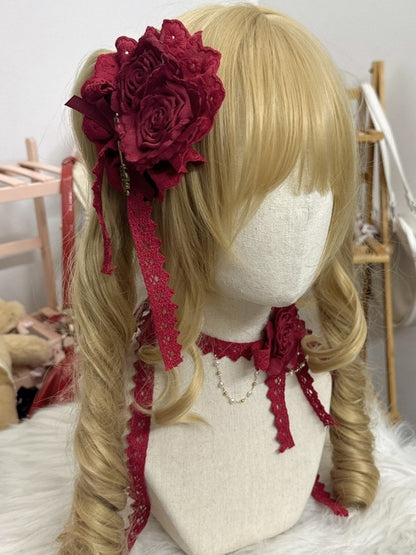 Rose Lace Bow Trim Hairclip 6 Color Floral Options