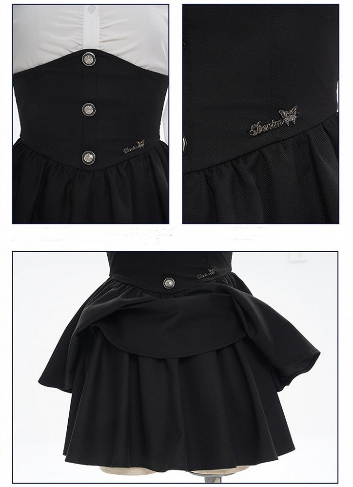 Overall mit hohen Hosenträgern, Taillengurten, abnehmbarem schwarzen Rock