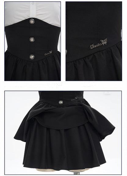 Overall mit hohen Hosenträgern, Taillengurten, abnehmbarem schwarzen Rock