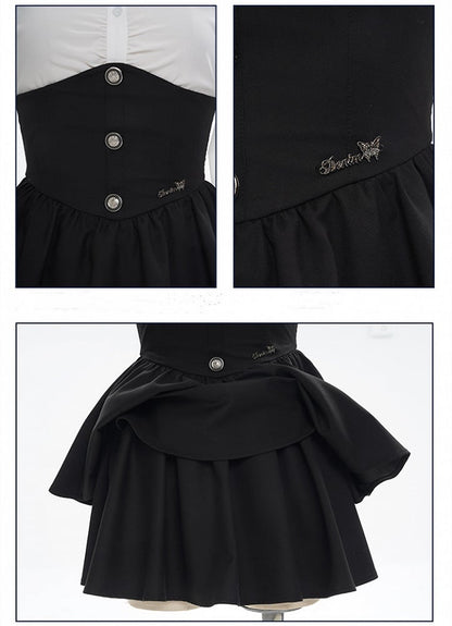 サスペンダースカート ホワイト ハイウエスト ブラック プレッピーセット - フルオーバーオール シャツ +