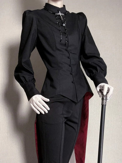 王子マンダリンブラックロングファッショントップスロリータテールスワローカラースリーブ