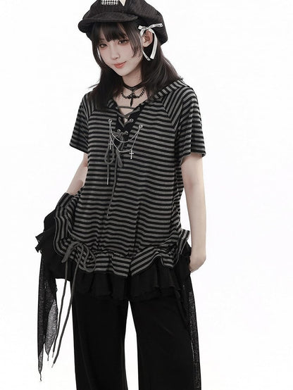 Striped Hooded Tee with Ruffle Hem & Streamers - Black Gray - PINK SAVIOR
