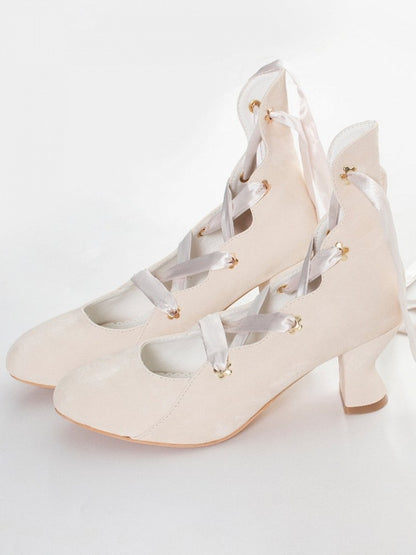 Toe Lacing Design Heels Velvet Delicate with Lolita Beige Graceful for Fashion Pointed -
