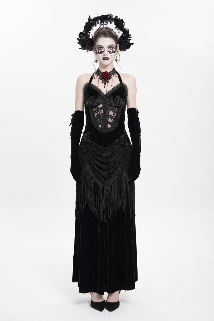 Black Hollow Floral Embroidery Lace-Up Pleated Maxi Dress