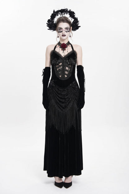 Black Hollow Floral Embroidery Lace-Up Pleated Maxi Dress