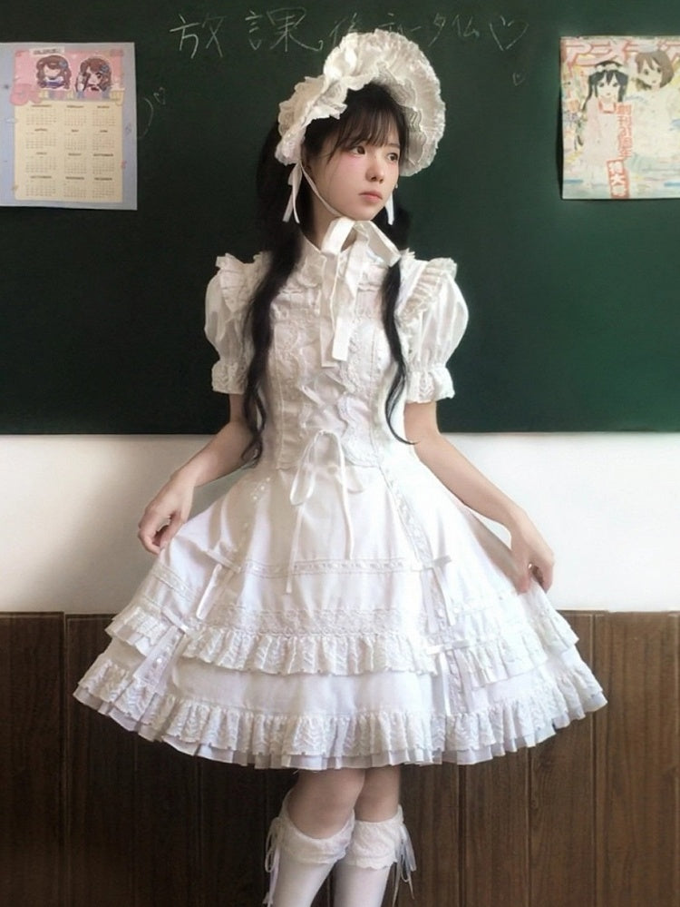 Snowfall-White Cotton JSK Dress with Ruffle and Bow Details