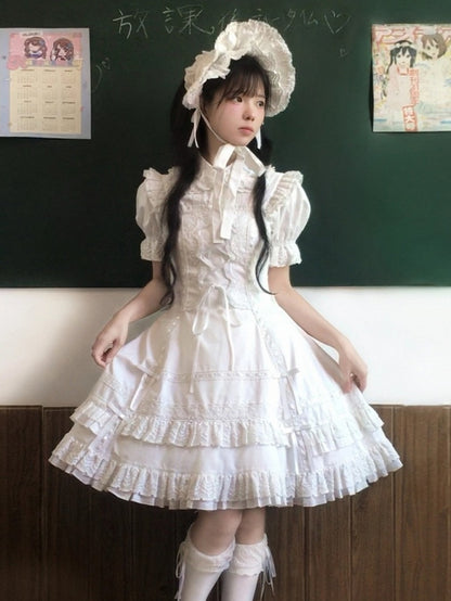 Snowfall-White Cotton JSK Dress with Ruffle and Bow Details