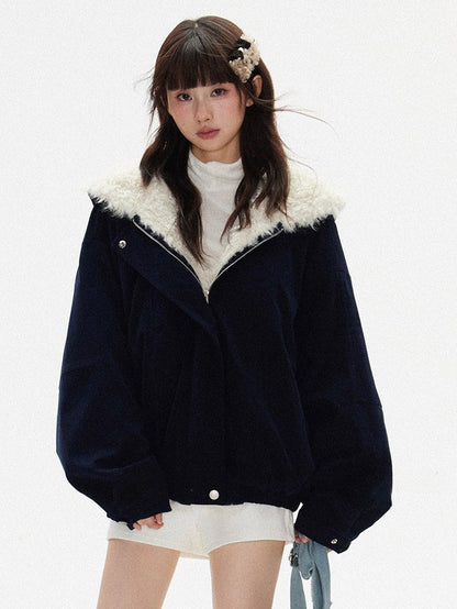 - Front Jacket Interior Hooded Dark Fleece Zipper Blue Cozy