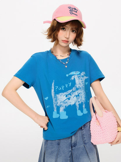 Blue Puppy Print Short Sleeve Tee - Girlyhalo
