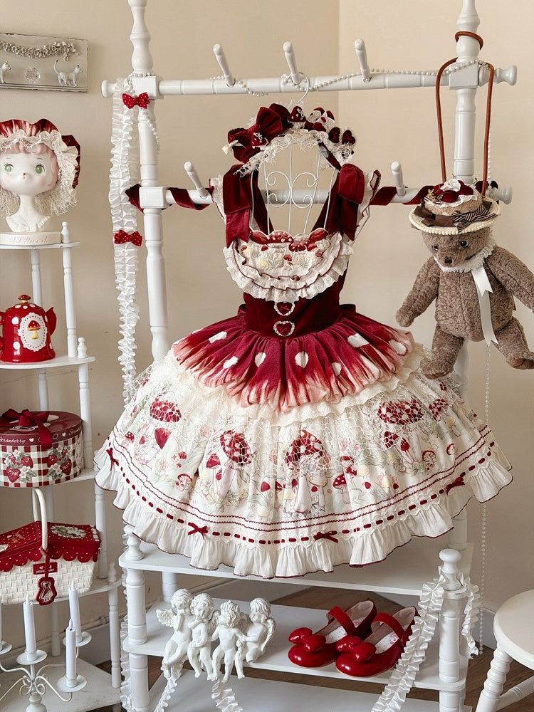 Red Velvet Mushroom JSK Dress with Heart Motif - Honey Machine