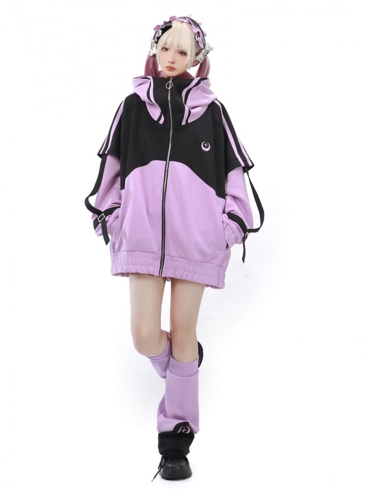 Black and Purple Zip Up Front Jacket Long Sleeves Jirai Kei Sweatershirt