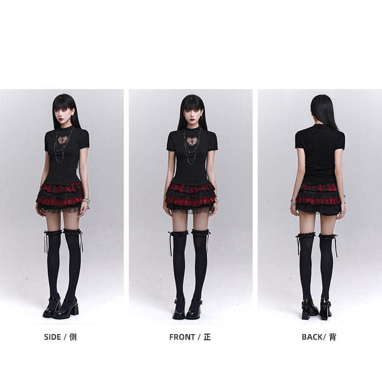 Print T-shirt Black Mock Neck Heart-shaped Cutout Cross