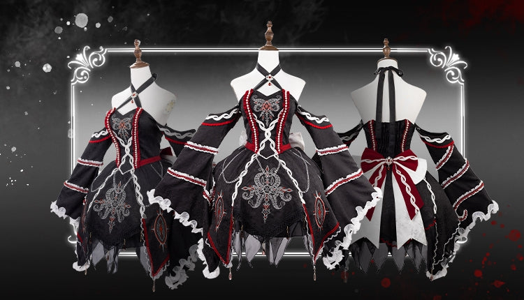 Black and Red Halter Neck Cthulhu Vibes Lolita Dress with Detachable Bell Sleeves