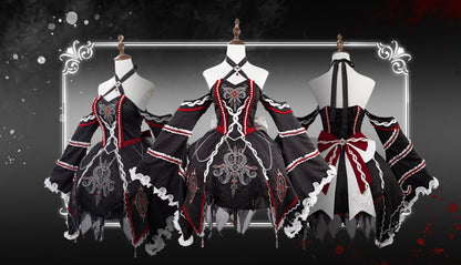 Black and Red Halter Neck Cthulhu Vibes Lolita Dress with Detachable Bell Sleeves