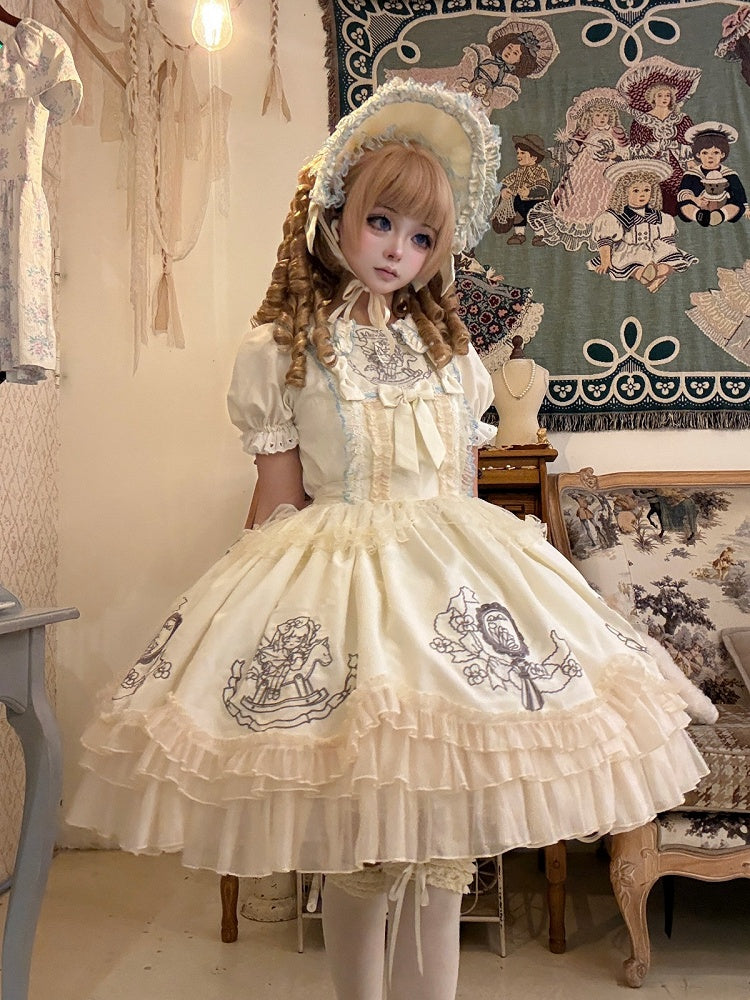 Apricot Lolita OP Full Set with Floral Embroidery, Bonnet, Sleeves, Hairband and Bow Clip - Double sweet Lolita