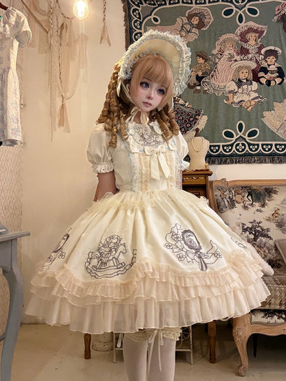 Apricot Lolita OP Full Set with Floral Embroidery, Bonnet, Sleeves, Hairband and Bow Clip - Double sweet Lolita