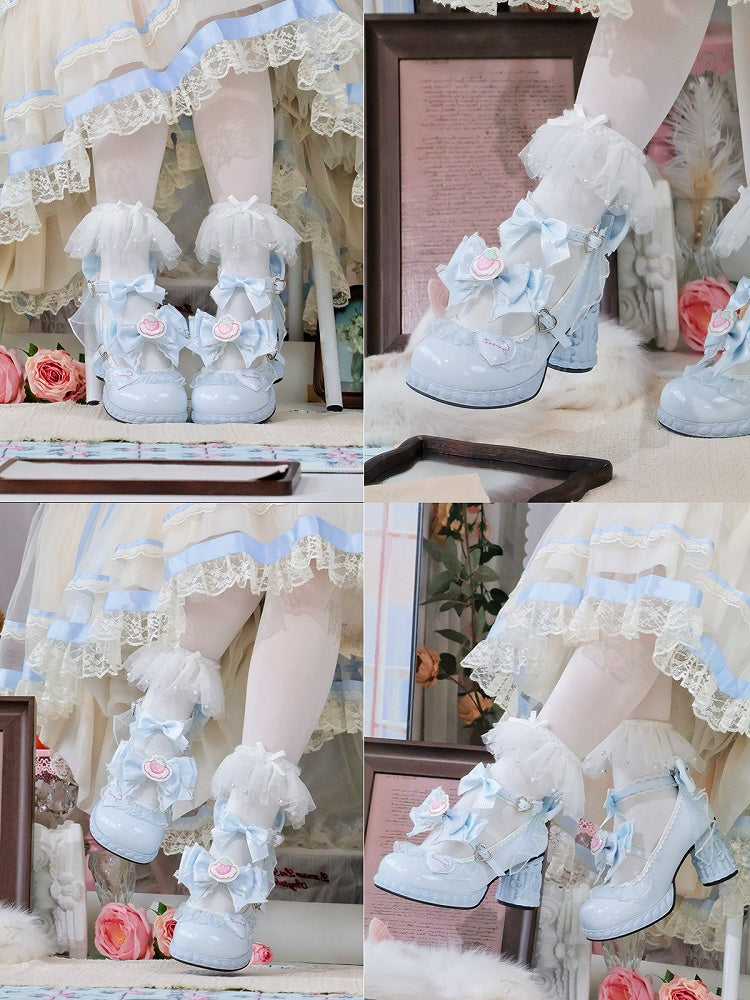 7.5CM Blue Kawaii Heart & Bowknot Decor Heels Lolita Shoes with Strawberry Print - Cute Bunny