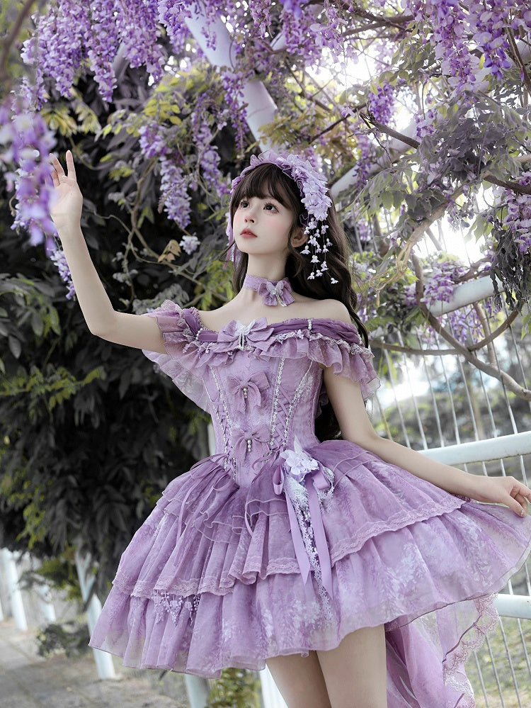 Fairy Lolita Taillenschleppe Balletcore Kleid Großes Korsett Glyzinien Tüllschleife mit Print Lila